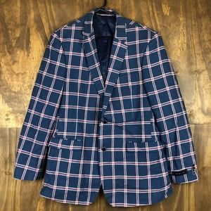 Tommy Hilfiger Mens Jacket Sportscoat Blue Red Windowpane Linen Formal 44L